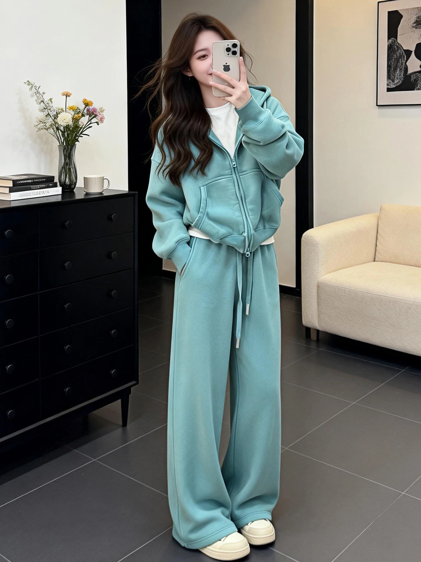 

Spring Autumn 2026 Women's Hoodie Straight Leg Pants Set Lazy Style Outfit Complete Set Korean System Slimming Effect