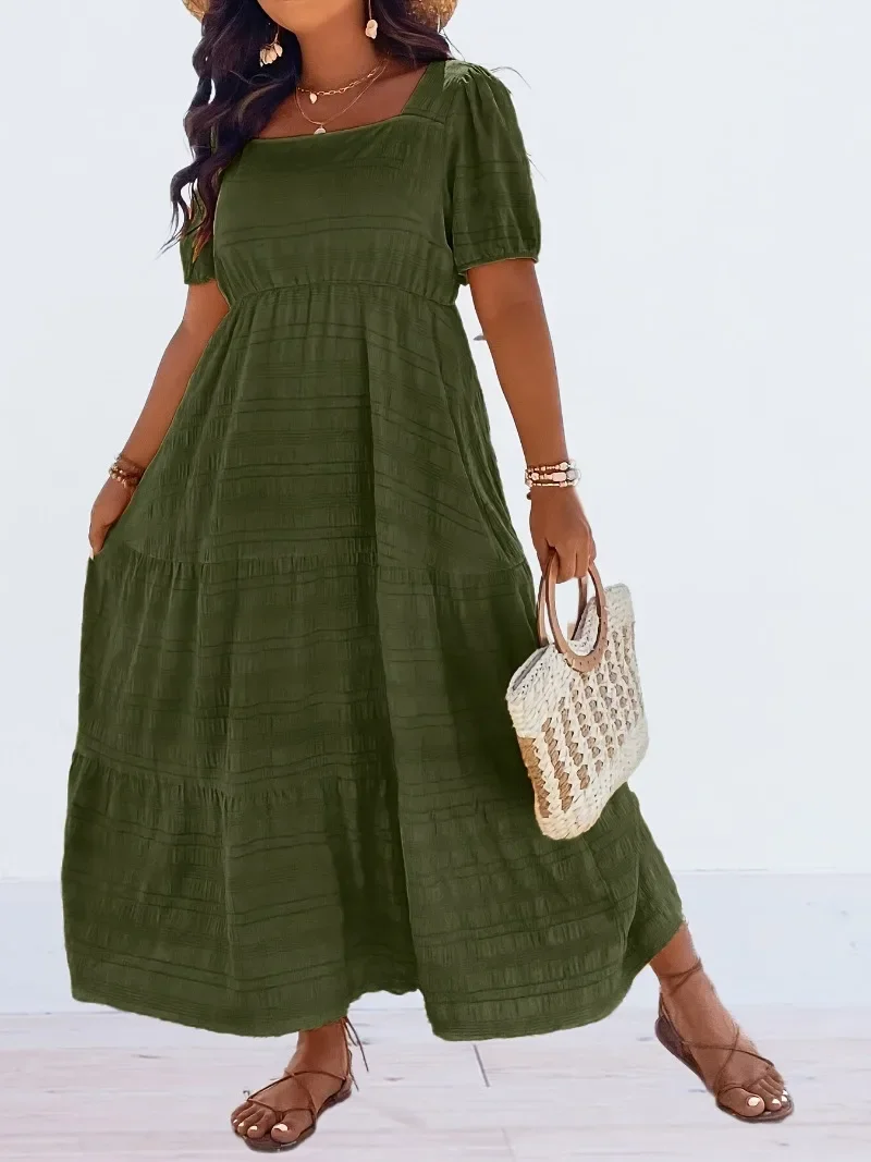 

Plus Size 1XL-5XL Women's Fashionable Square Neck Solid Color Short Sleeved Dress Ladies Casual A-line Skirt Long Dress