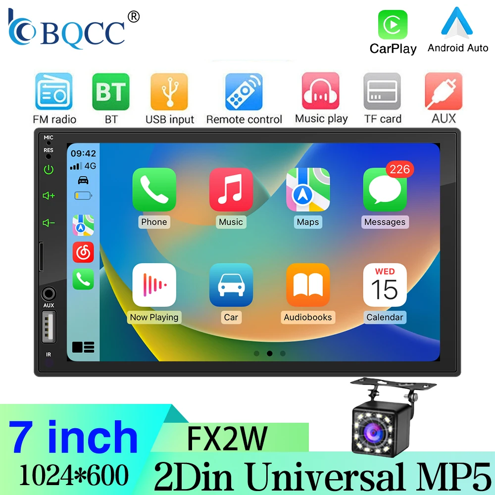 

BQCC FX2W 7 Inch 2DIN Car Stereo MP5 CarPlay Android Auto Bluetooth AUX USB TF Card 7 Color Light Wiring Safety Protection