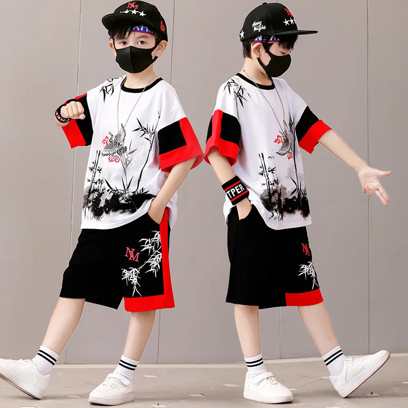 2026 new summer boys set Clothes teenager Chinese ink painting print sleeve t-shirt + thin shorts pant 4 5 6 8 10 11 12 year