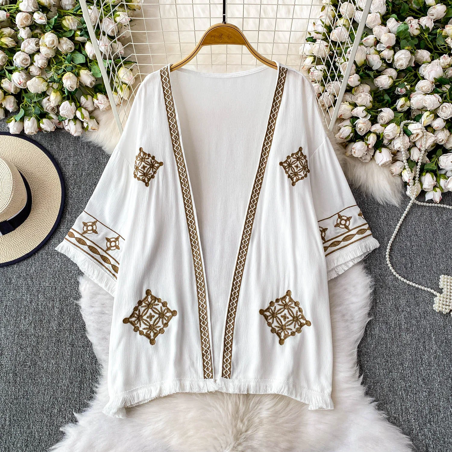 

National Style Embroidered V-neck Long-sleeved Sun-proof Cardigan Shirt For Women In Summer Vacation Mid-length Loose Tassel Top