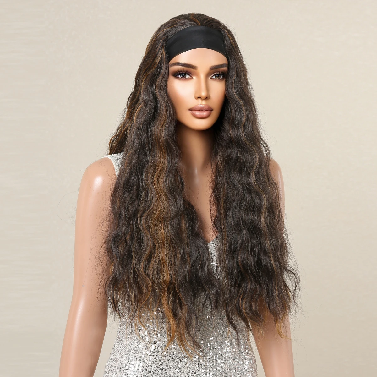 Long Curly Headband Synthetic Wig Mixed Brown Wavy Hair Wigs for Daily Party Use Fake Hair for Black Women Heat Resistant Wigs