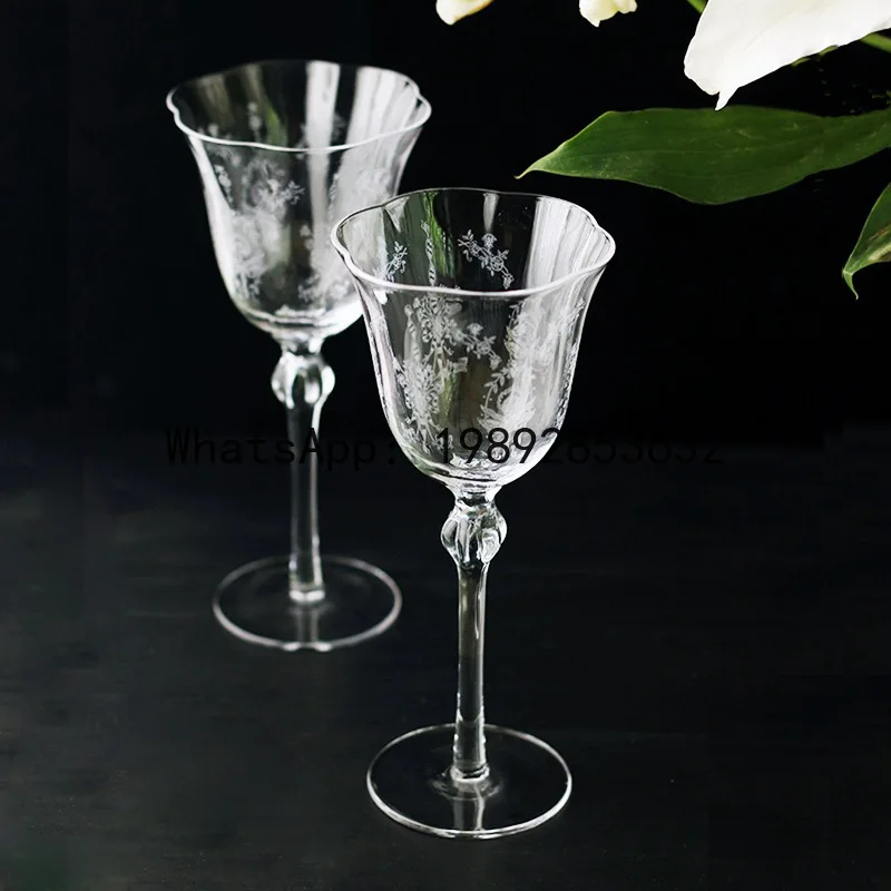 Used glass wine glasses etched cute floral vintage crystal stemware fresh & delicate gift