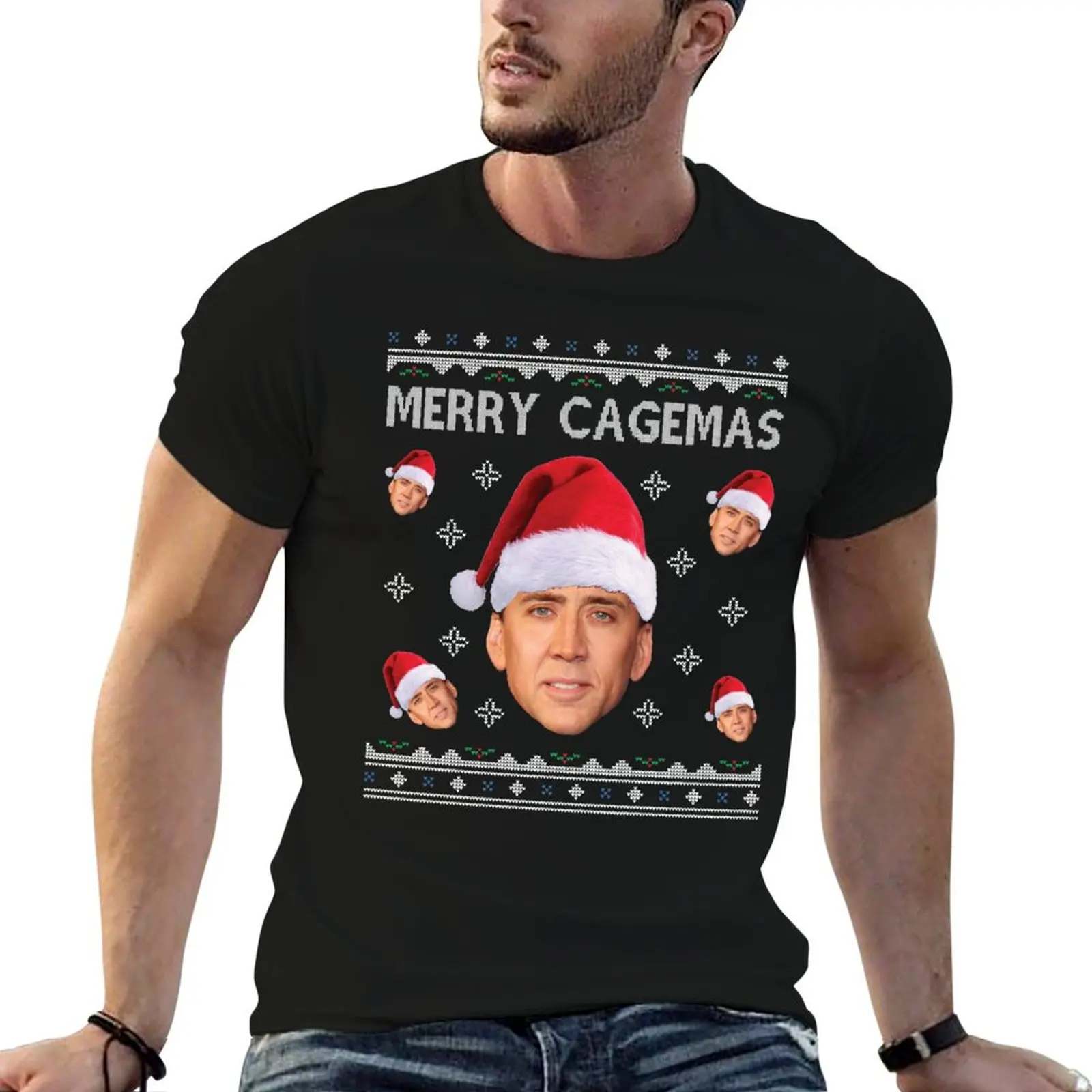 Merry Cagemas Christmas Nicolas Cage Knit T-Shirt anime tshirt t shirts for man pack white man graphic t shirt T-shirt