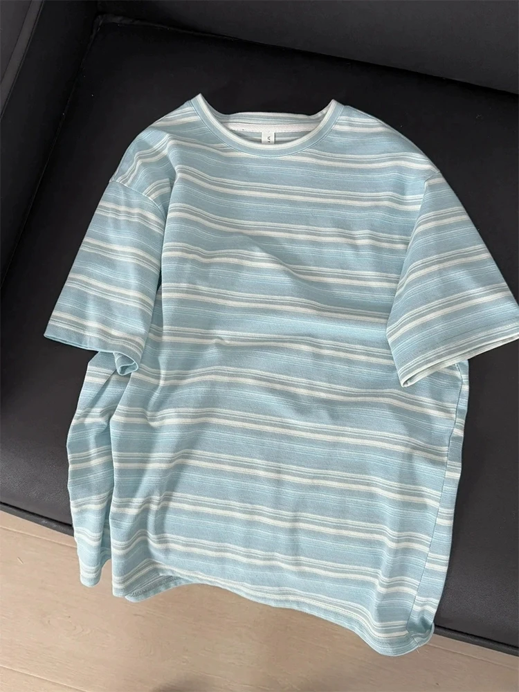 

Blue Striped Loose ort Sve Women's T-irt Summer Pure Cotton Unique Chic Single Wear Design Korean Sle Top