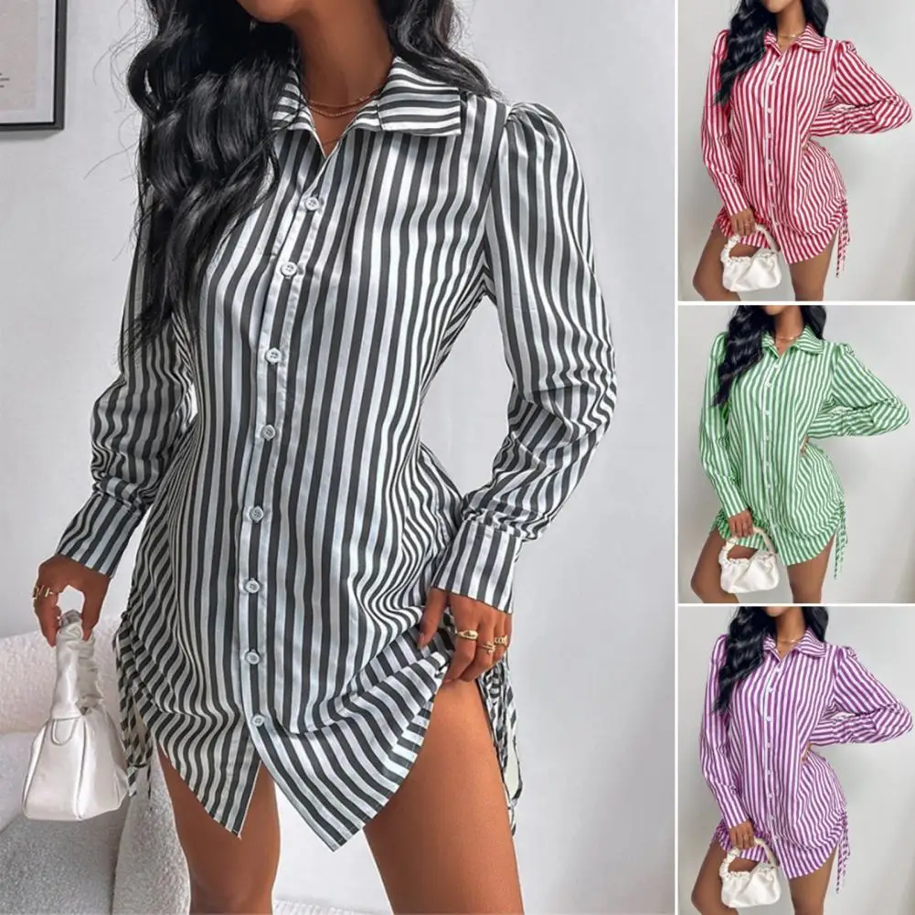 Loose Fit Shirt Skirt Stylish Women's Shirt Dresses with Side Drawstring Pleated Details in Striped Print Summer Wardrobe for A