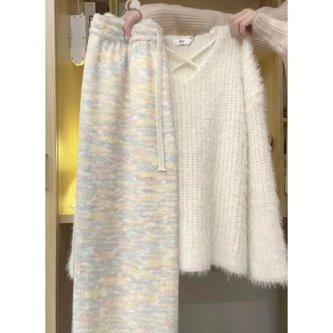 Two-piece Set 2024 Autumn and Winter New Korean Version Niche Fresh Loose Gentle Sweater Thin Rainbow Wide-leg Pants Set