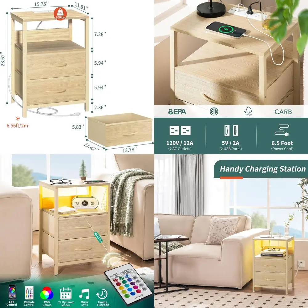 

Bedside Table with Charging Station, Fabric Drawers, LED Light, and Storage Shelf