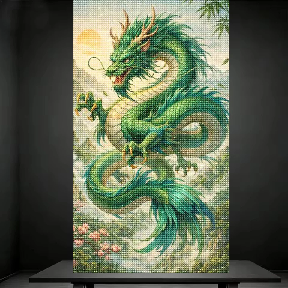 5D DIY Diamond Painting Cross Stitch Golden Green Chinese Dragon Full Drill Diamond Art Kits, Mosaic Embroidery, Home Wall Decor