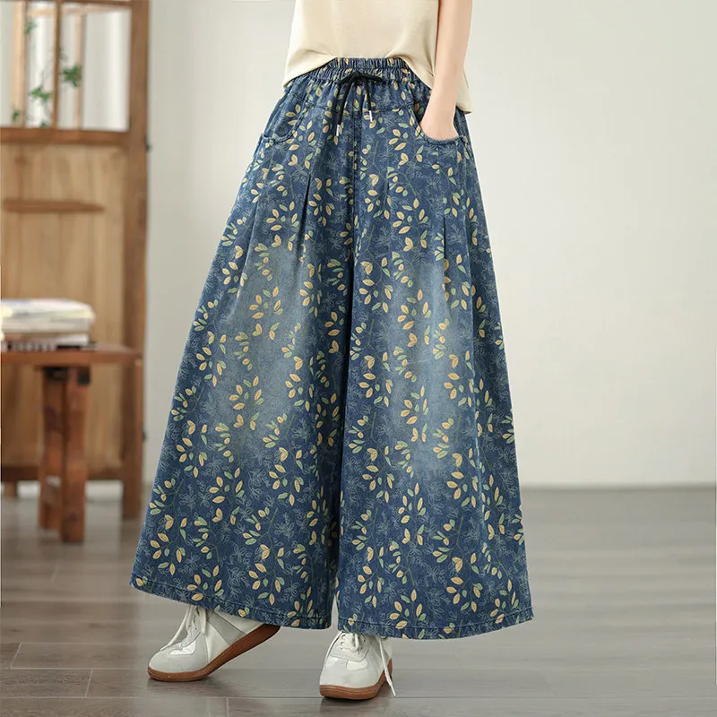 Spring Fashion Floral Printed Denim Pants for Women Elastic Waist Baggy Hip Hop Streetwear Loose Casual All Match Wide Leg Jeans