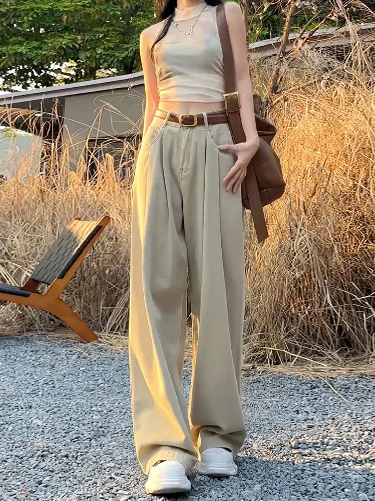 Jeans Women American Retro High Waist Wide-leg Baggy Straight Drapey Pleated Autumn Stylish Design Floor-length Denim Trousers