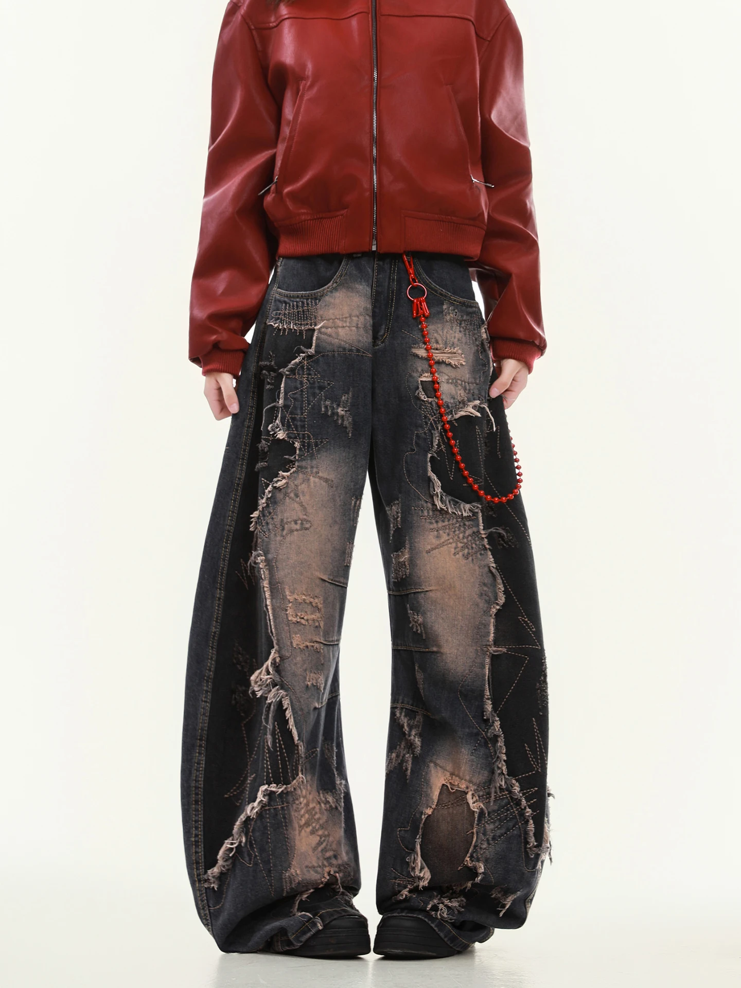 

Cuwu American Retro Spicy Girl Sle Свободные джинсовые брюки с крашением Мужчины Женщины Осень Свободные широкие брюки с дырками Уличные джинсы