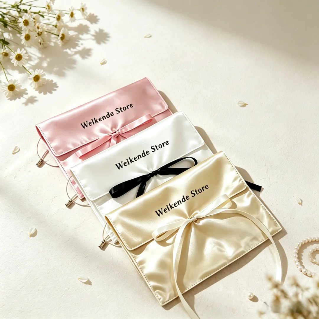 500Pcs Highlight Custom Logo Jewelry Ribbon Envelope Bag Satin Robe Packaging Pouch Wedding Party Souvenir Cosmetic Organizer