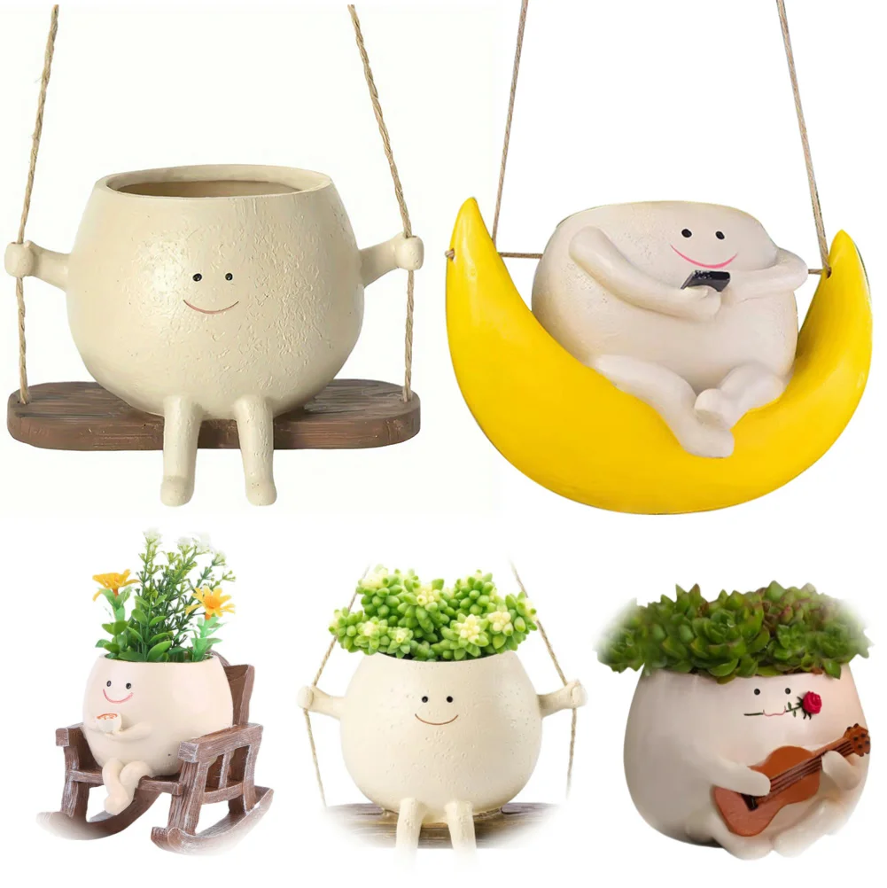 Cute Hanging Planter Pot Resin Hanging Swing Chair Planter Creative Smile Face Flower Container for Indoor Outdoor Plant Holder