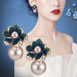 Boucles d'oreilles fleur bleue pour femme, argent 925, mode coréenne, bijoux tendance, vintage, noble, perle, 2024