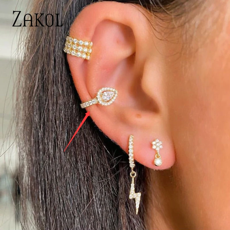 ZAKOL 1 Pieces White Color Water Drop Cubic Zirconia Ear Bone Clip Earrings for Women Fashion Temperament Accesories - Detail 1