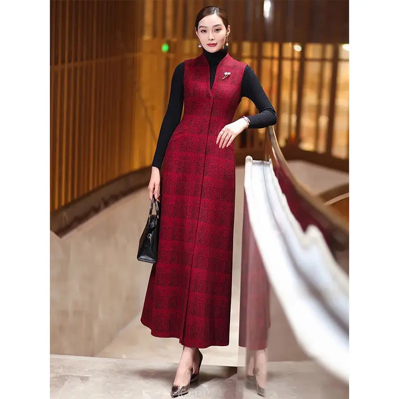 

For Women V-Neck High Waist Slim Split Vest Vintage Red Plaid Sleeveless Woolen DressParty Dress Festival Maxi Robe Autumn