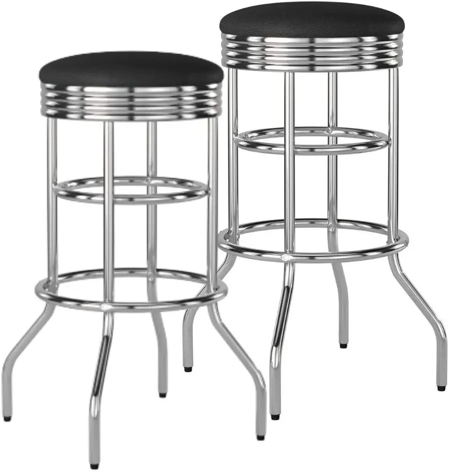 

Heavy Duty 30-Inch Backl Swivel Bar Stool For Kitchen, Garage, Or Workshop, Chrome Finish With Faux Leather Seat, 2 Pack,