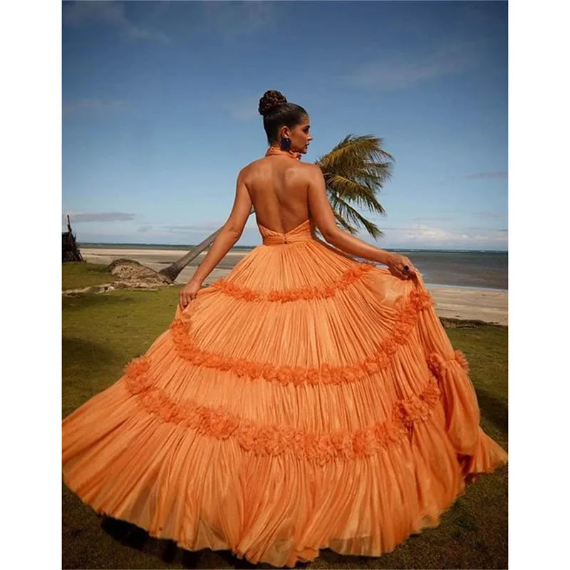 Stylish Orange Prom Dresses V-Neck A-LINE 3D Flowers Evening Dress Wedding Formal Party Dresses Vestidos De Fiesta