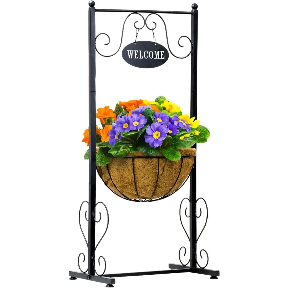 حامل سلة زراعة معدني أسود أنيق مع بطانة كوكو لديكور المنزل والحديقة والفناء والسطح #1
