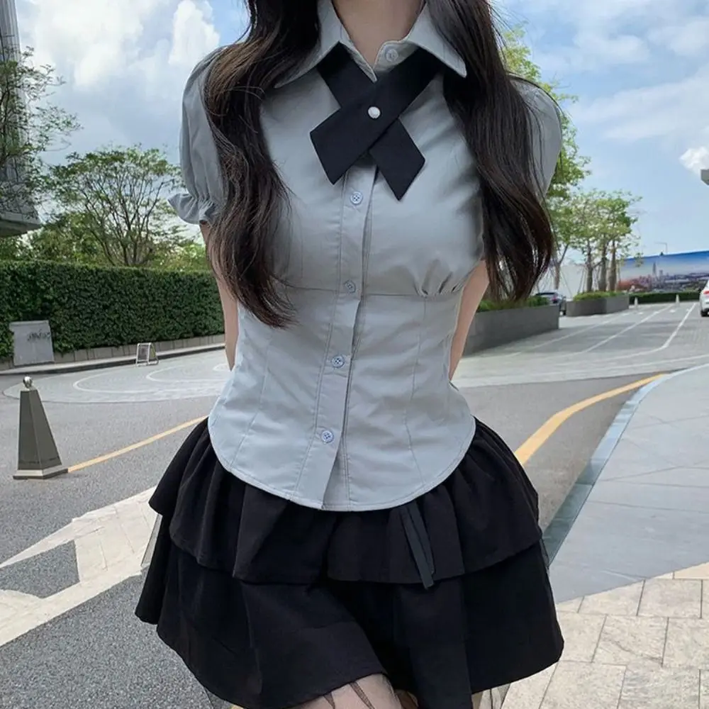 

Chic Bowknot JK Short Sleeve Shirts Y2K Preppy Style Slim Blouse Women Puff Sleeve Crop Top Sweet Girls Shirts Student