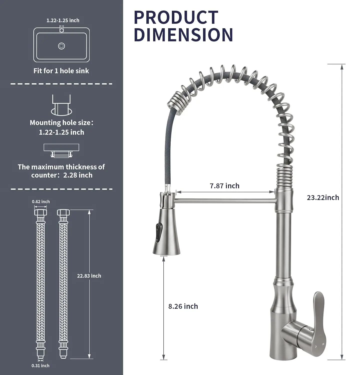 Küchenarmatur aus gebürstetem Nickel mit herunterziehbarem Sprühgerät, kommerzieller Hochbogen-Einzelgriff-Wasserhahn aus Edelstahl für Küchenspüle, 1-Hol