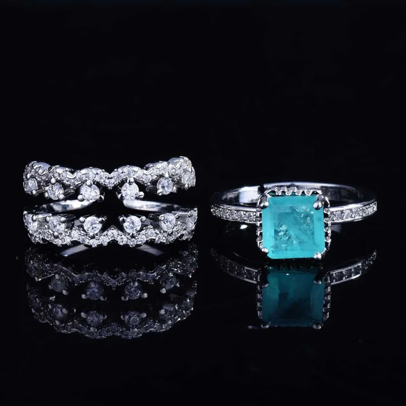 Elegant Imitation Paraiba Tourmaline Silver Ring Set for Ladies - Refined Jewelry Gift Quality Simulated Stones