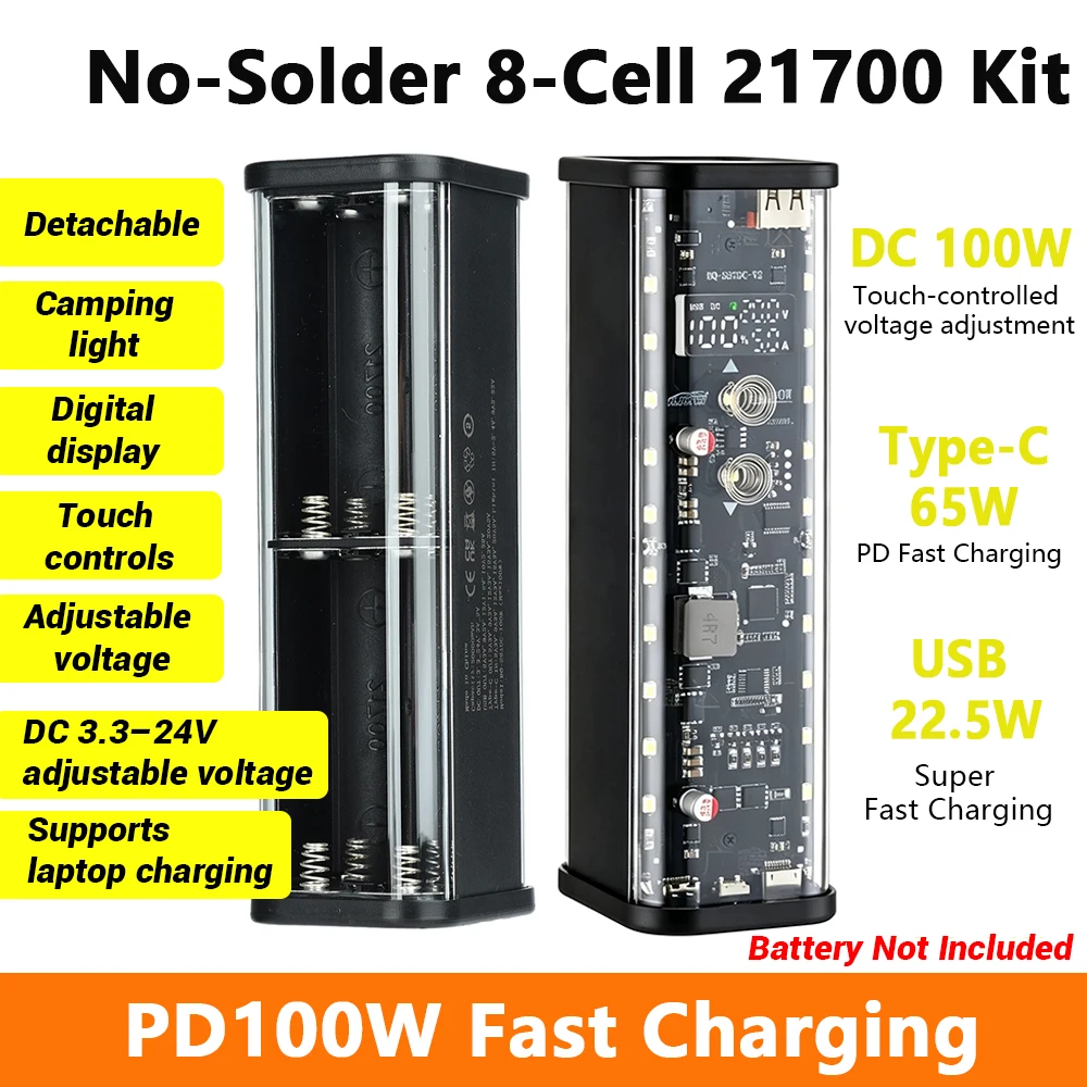 PD 100W DIY Powerbank-Kit 8* 21700 Lötfreies transparentes Batteriegehäuse Touch DC-Spannung einstellbar Super-Schnellladebox – Detail 1