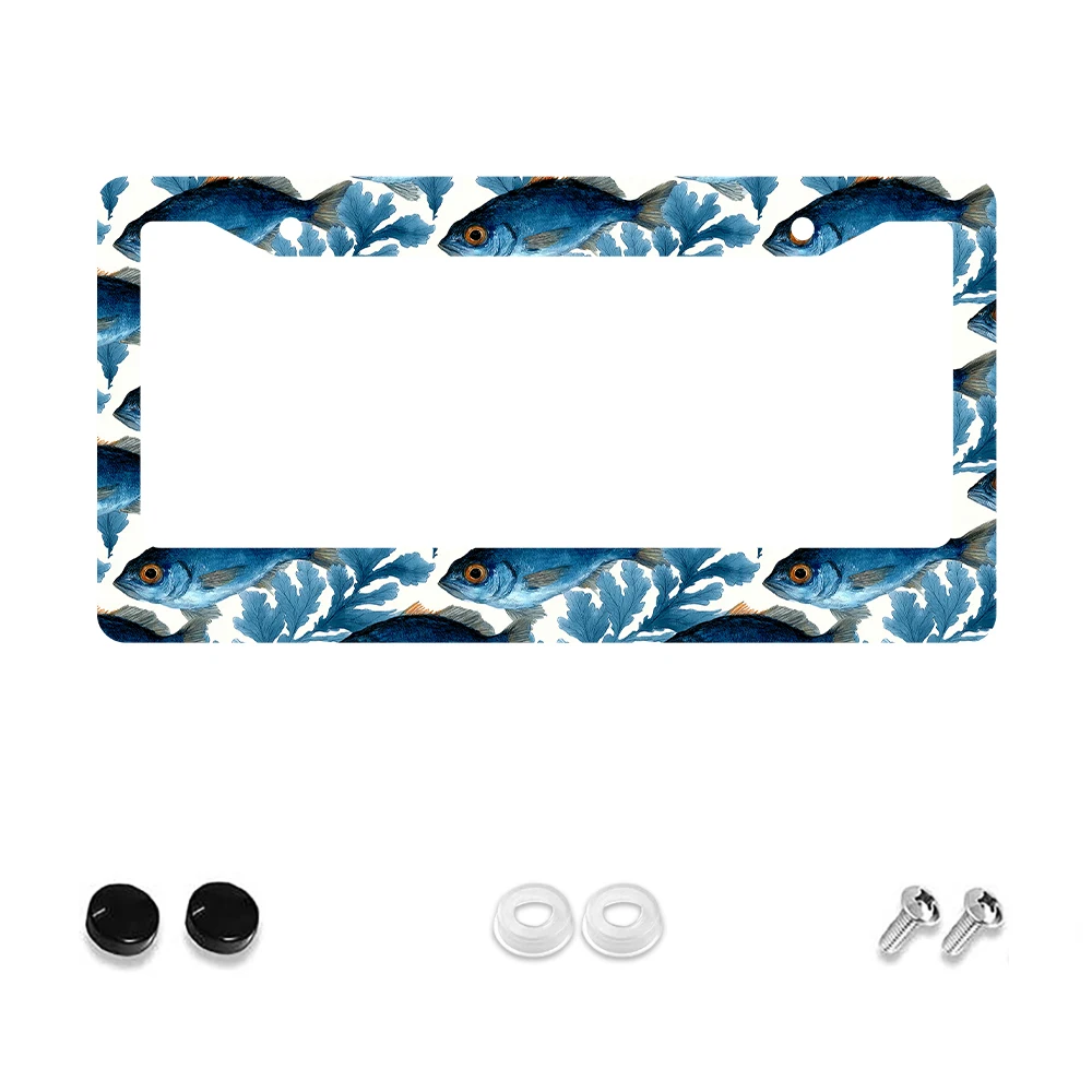 

1 шт. рамка номерного знака с 2 отверстиями и рисунком синей рыбы, алюминиевый материал, 6x12 дюймов с набором винтов, ретро-новинка, украшение автомобиля G