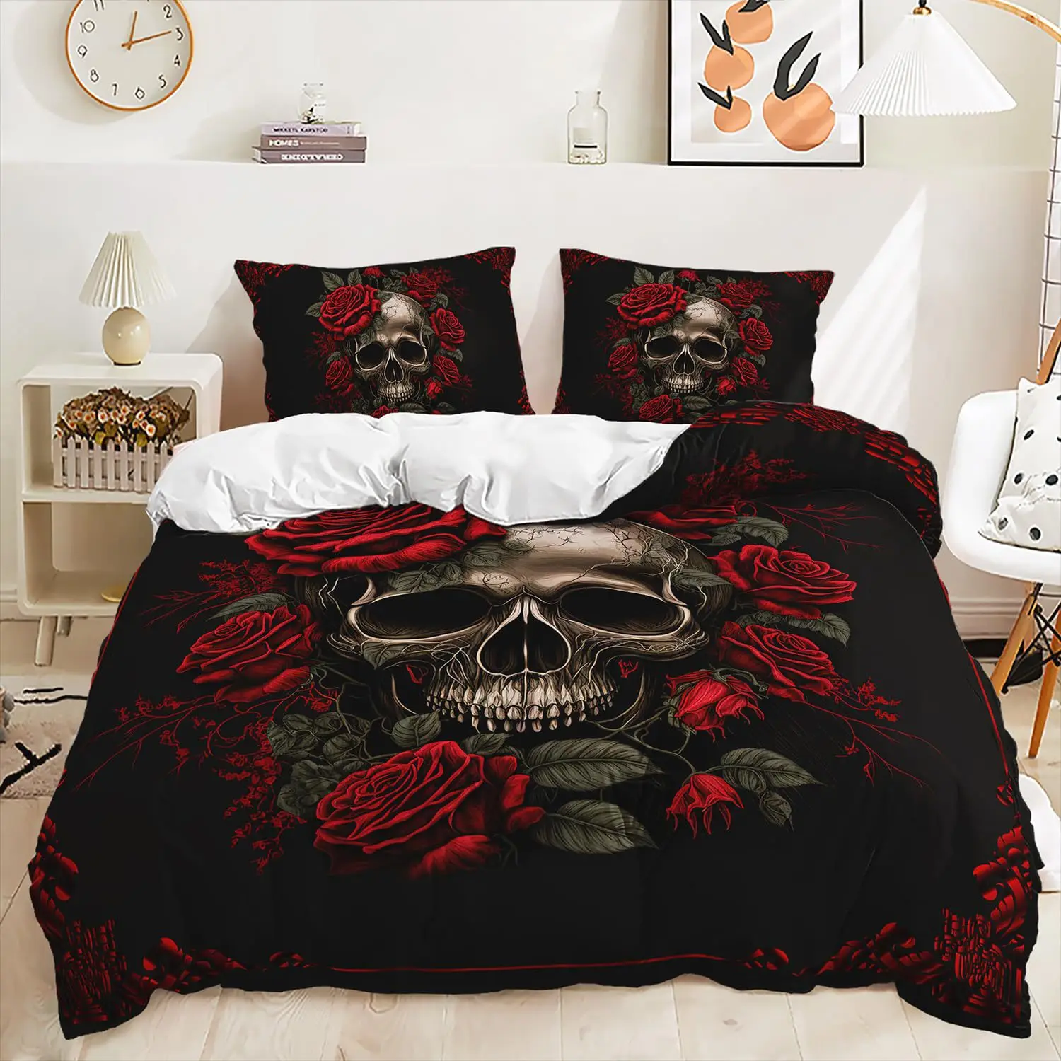 

Skull Duvet Cover Set Queen Size, Grey Skeleton Fire Skull Goth Bedding Set, Rock Skull Gothic Comforter Cover With 2 Pillowcase