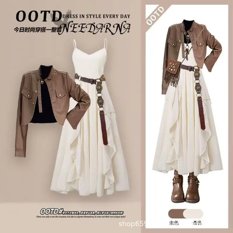 ชุดแฟชั่นผู้หญิง ฤดูใบไม้ผลิและฤดูใบไม้ร่วง แจ็คเก็ตหนัง Meilad รุ่นใหม่ ชุดเดรสสายเดี่ยวแฟชั่น ชุดสองชิ้น