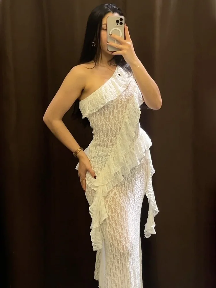 Trendix Lace Dress Sets Women Off Shoulder Ruffle Short Crop Tops Solid High Waist Elegant Dress 2 Piece Sexy Slim Skirt Suits