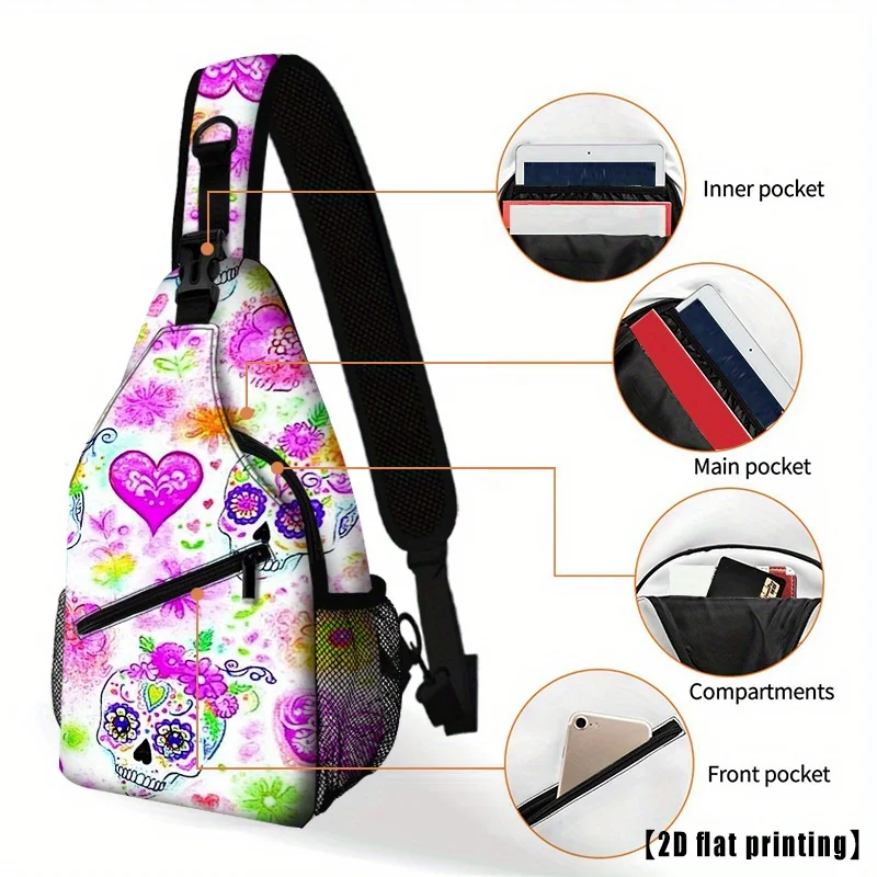 Mexico Sugar Skull Bag Mexican Day of The Dead Floral Pattern in Pink Purple Green Adjustable Crossbody Chest or Backpack