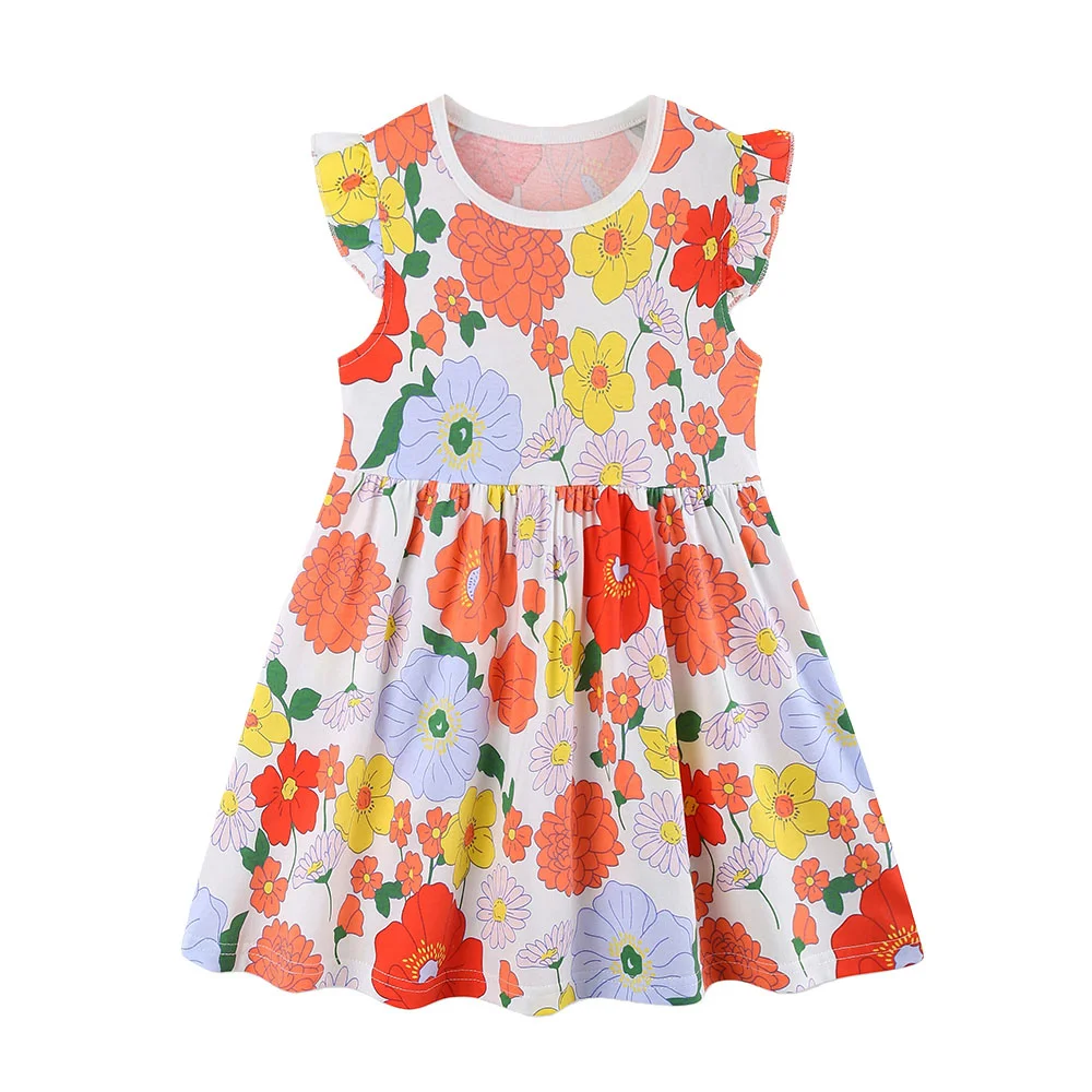 New Style 2-7T Girls Summer Dresses Printed Flowers Lovely Kids Wear Fly Sleeve Children's Frocks Toddler Clothing