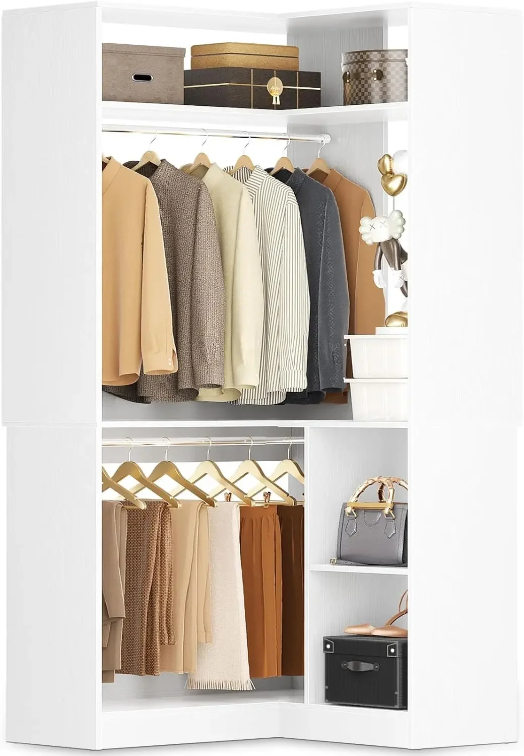 Corner Closet System With Shelves, 34'' Organizer With Hanging Rods, Wood Walk-in for Small Space, Freestanding Tower, L Shaped
