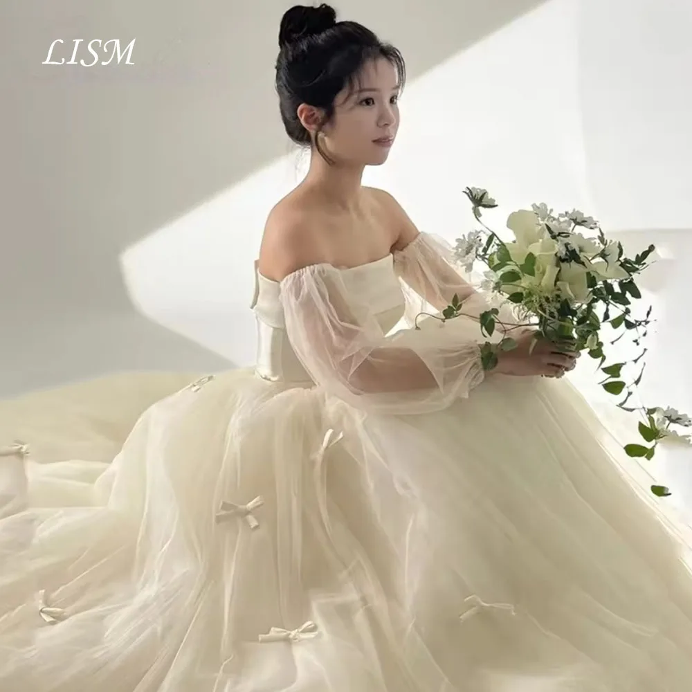 LISM New Korean Wedding Dresses 2026 Puff Sleeves Soft Tulle Bow Bridal Gown Customized Bridal Wedding Snap Dresses Corset Back