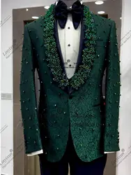 Luxury Pearl Beaded Men Suits Shawl Lapel Wedding Groom Tuxedos 3 Pieces Sets Business Male Prom Blazers Customized ropa hombre