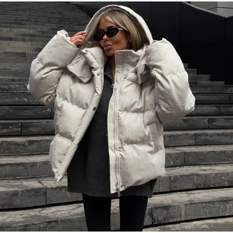 Hooded Stand Collar Fitted Puffer Coat Zip‑Up Oversized 2026 Winter Women Warm Padded Jacket Glam Causal Lady Cotton‑Padded Coat