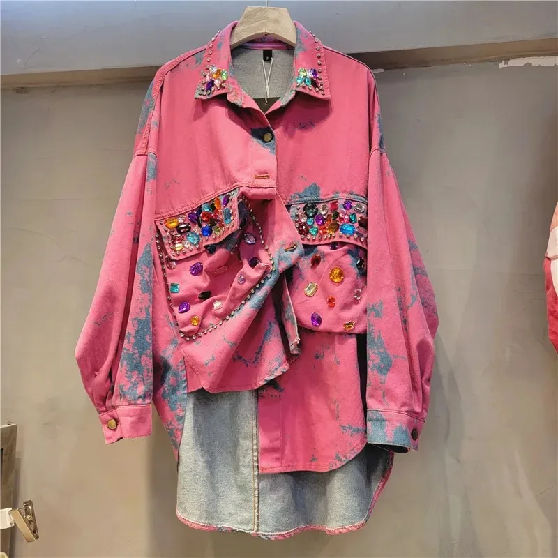 

Spring Women's New European Fashion Sweet Pink Denim Shirt Tops Ladies Elegant Floral-Print Beaded Diamond Blouses Tops