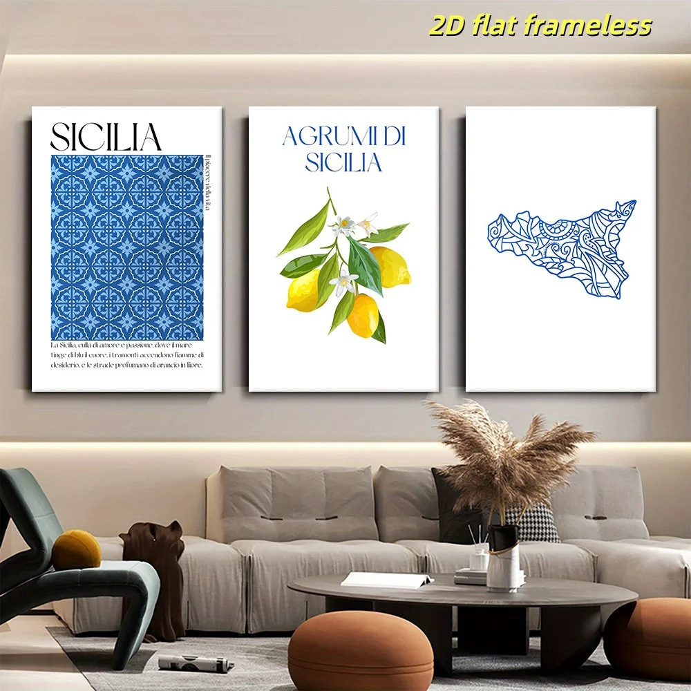 3 Mediterranean style Sicilian ceramic patterned canvas posters, Italian blue and white geometric patterned living room foyer be