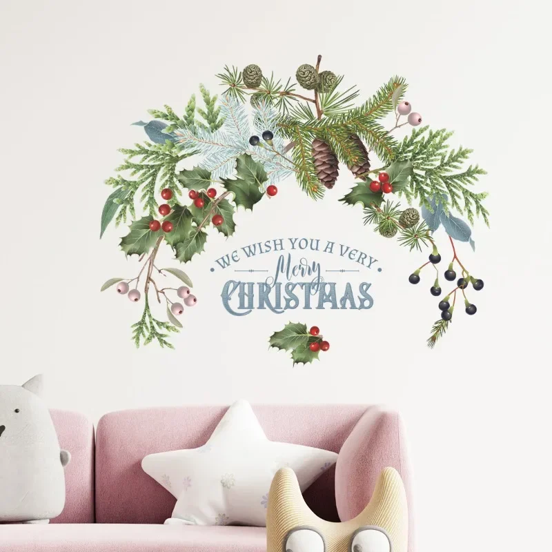 Pine Cones Branch Merry Christmas Wall Stickers Glass Window Door Sticker PVC Christmas Decorations for Home 2024 New Year Decor