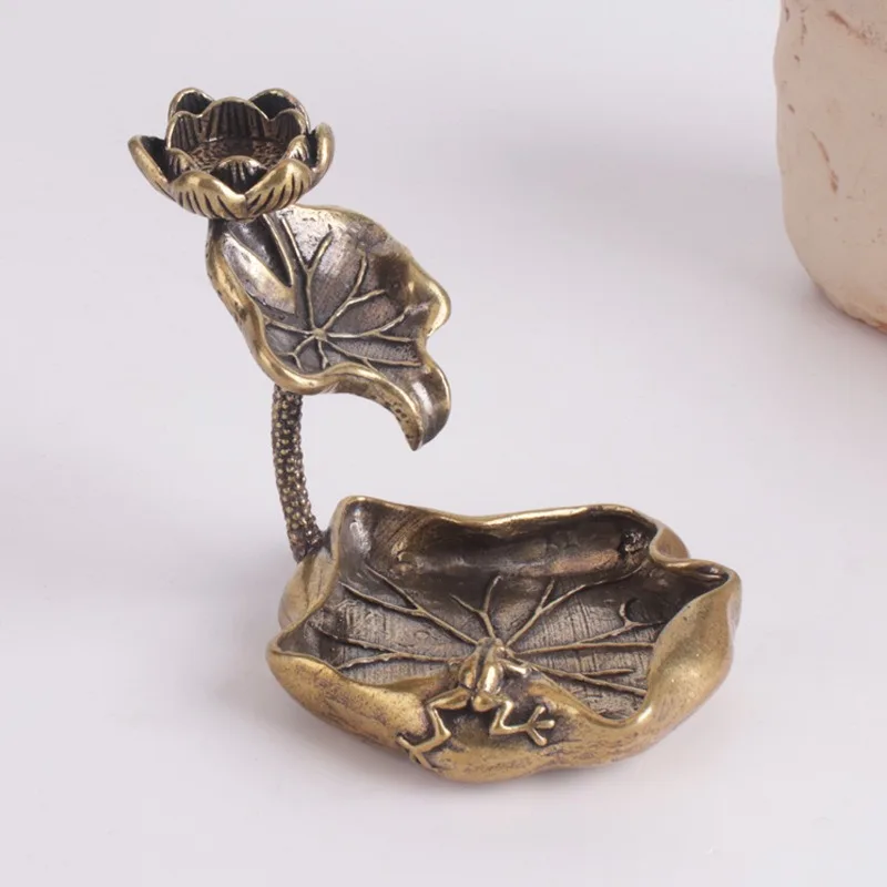 1pc Antique Brass Lotus Leaf Backflow Incense Burner Decorations Solid Pure Copper Frog Lotus Pond Ornaments Tea Pets