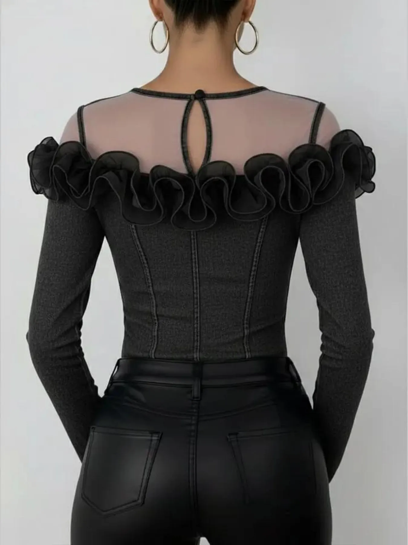 One Shoulder Organza Ruffle Patchwork Slim Denim Long Sleeve Top, Fashion Bodycon Layering Blouse For Women