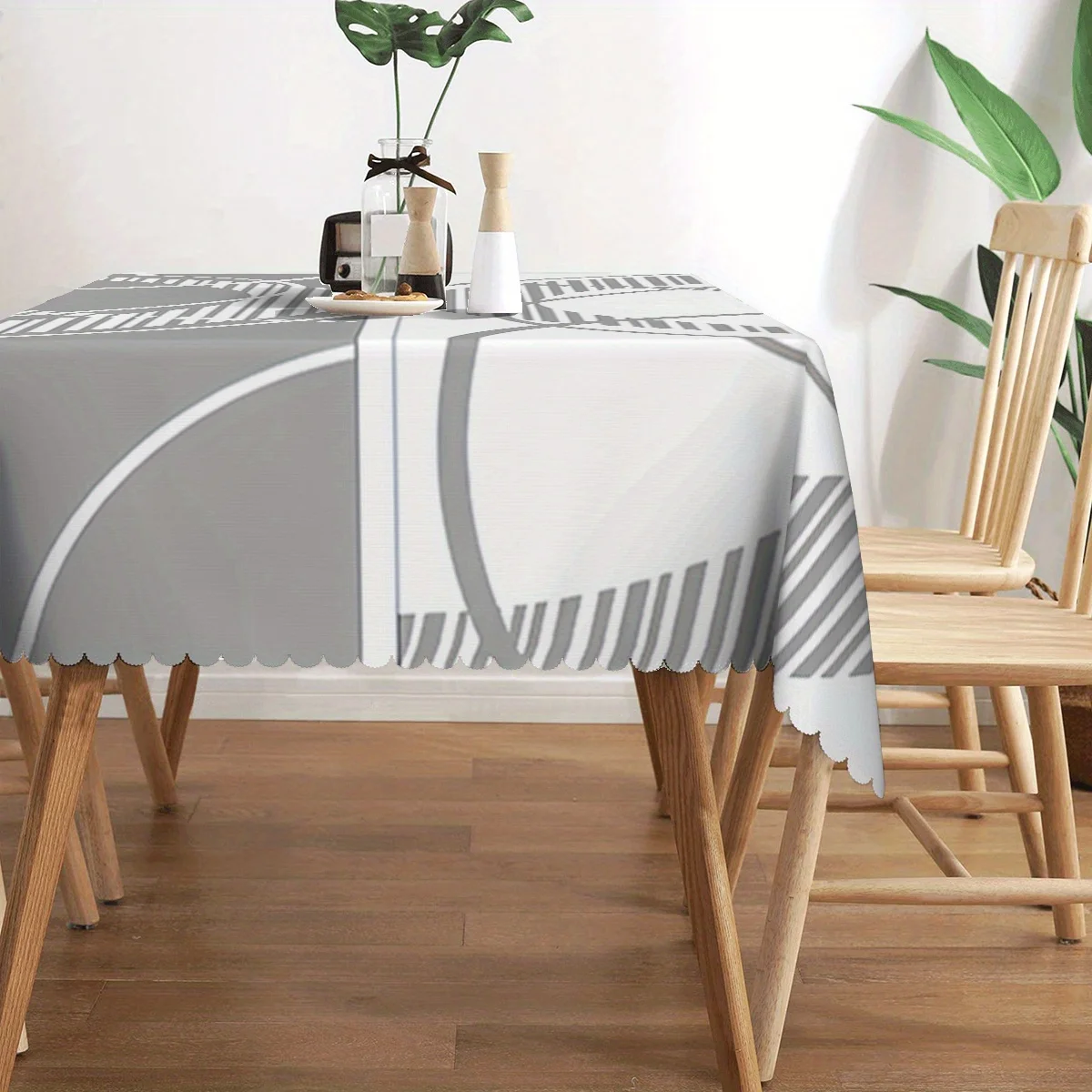 JIT, 1pc Elegant and Simple Grey and White Geometric Line Texture Printed Rectangular Tableclothzyc