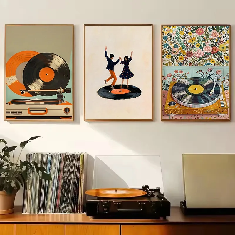 Retro Boho 70s Music Pink Orange V-Vinyl Record Dancing Figure DJ Cat Drawing Poster Canvas Painting Wall Pictures Home Decor