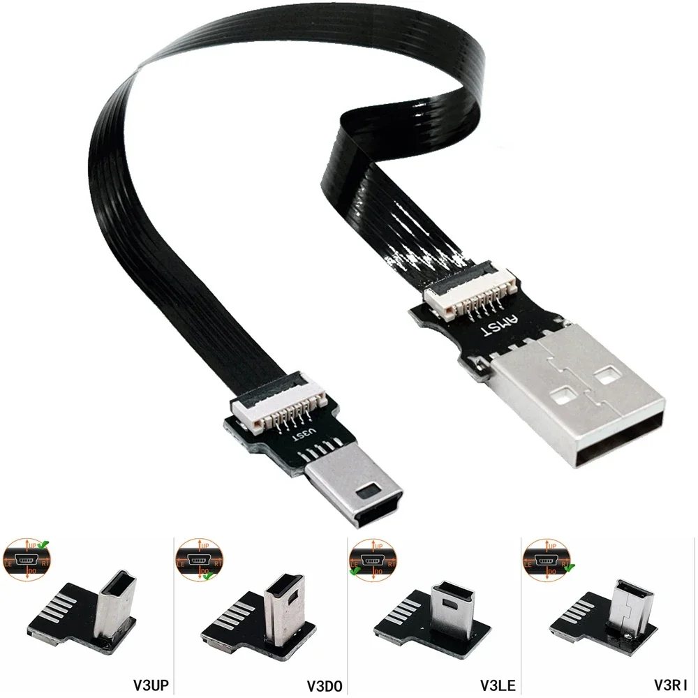 FPC 5CM-100CM Mini USB typ B 5pin męski lewego prawego pod kątem 90 stopni do USB 2.0 męski kabel danych 0.25m 0.5m