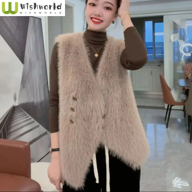 

Fashion Casual Knitted Cardigan Vest Spring and Autumn New Style Faux Mink Fur Sweater Women's Vest Loose and Age Reducing Top