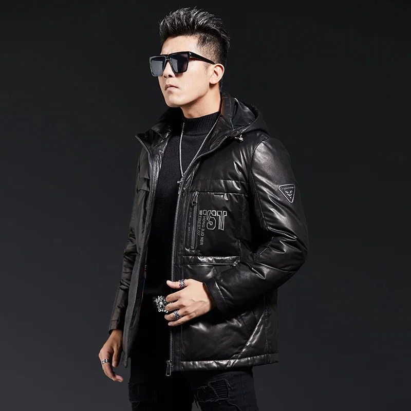 New 2024 Winter Genuine Leather Jacket Men's Hooded Thickened Warm Slim Top Layer Sheepskin Coat Men White Duck Down Coats