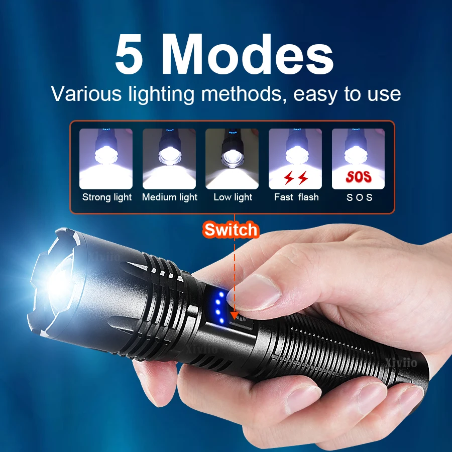 2026 White Laser Super Big Flashlight Rechargeable 4KM Most Strong LED Flash Light Long Range Torch Zoom Outdoor Camping Lantern