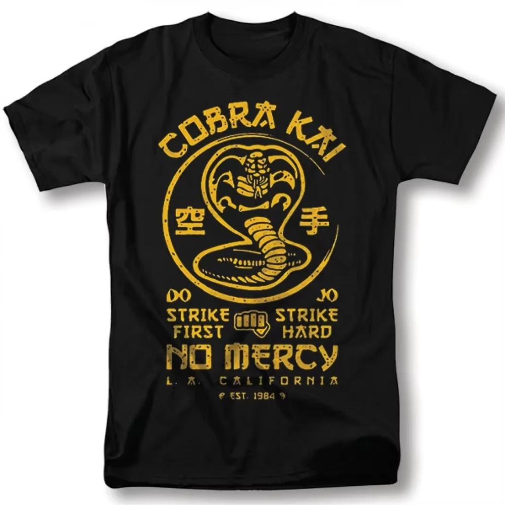 Cobra Kai TV Show T-Shirt Strike First Strike Hard No Mercy Vintage Graphic Tee Black Yellow Print Summer Shirt for Men Women